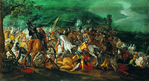 Ancient battle between knights and soldiers 1: the first of a pair of paintings by Antonio Tempesta