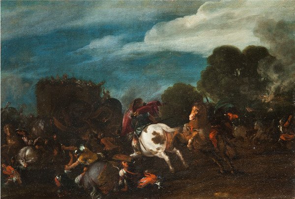 Knights fight against two elephants: a painting by Filippo Napoletano